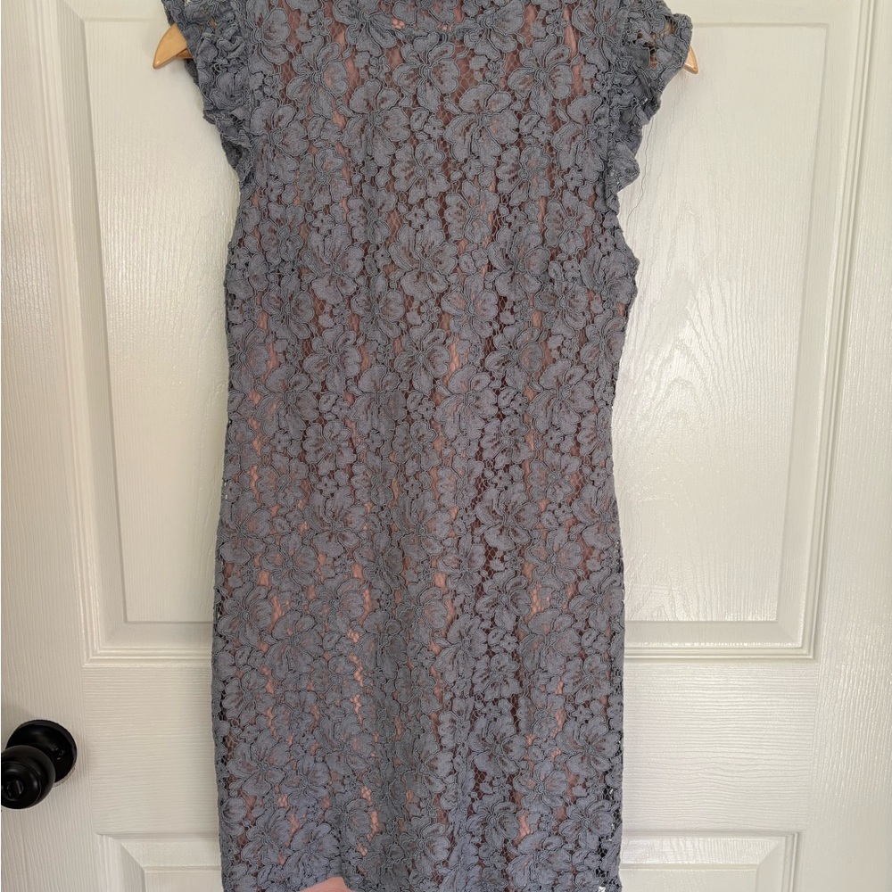 Tahari Gray Floral Lace Midi Dress